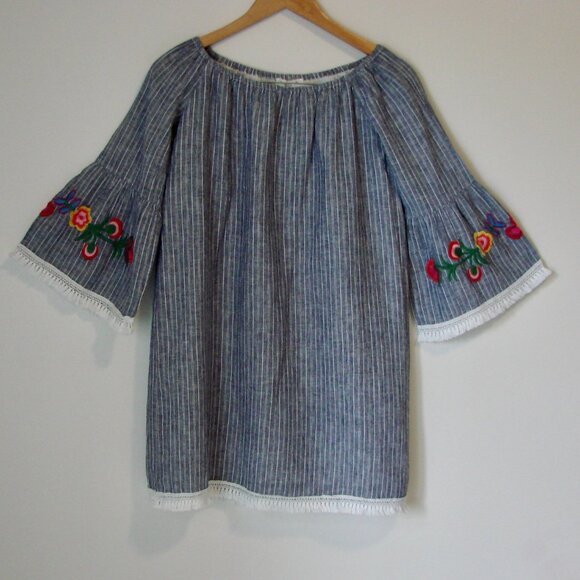 Linen Blend Striped Floral Dress Mini Embroidered Fringe BeachLunchLounge XS - Picture 1 of 13